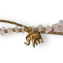 Handmade Bracelet Rose Quartz Trinket Charms Elephant with Bells Beaded 8 Inch Jewelry