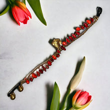 Handmade Bracelet Coral Colored Trinket Charms Lucky Fish with Bells Beaded 8 Inch Jewelry