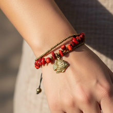 Handmade Coral Colored Beaded Bracelet with Lucky Fish Charm & Bells Artisan Trinket Jewelry - Bracelet