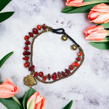 Handmade Bracelet Coral Colored Trinket Charms Lucky Fish with Bells Beaded 8 Inch Jewelry
