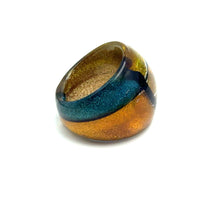 Handmade Glass Acrylic Ring Elegance Golden Aqua Fusion Infinity Band
