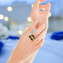 Handmade Glass Acrylic Ring Navy Floral Elegance Golden Infinity Band