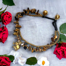 Handmade Bracelet Goldstone Trinket Charms Elephant with Bells Beaded 8 Inch Jewelry