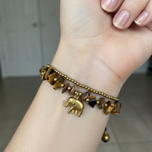 Handmade Goldstone Beaded Bracelet with Elephant Charm & Bells Sparkling Gemstone Trinket Jewelry - Bracelet
