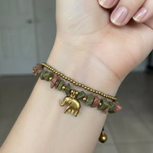 Handmade Green Jasper Beaded Bracelet with Elephant Charm & Bells Natural Gemstone Trinket Jewelry - Bracelet