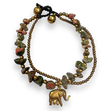 Handmade Bracelet Green Jasper Trinket Charms Elephant with Bells Beaded 8 Inch Jewelry