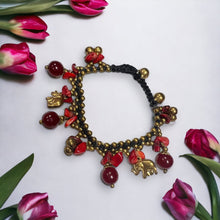 Handmade Bracelet Coral Colored and Agate Elephant Bells Charms Beaded 8 Inch Jewelry