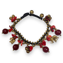 Handmade Bracelet Coral Colored and Agate Elephant Bells Charms Beaded 8 Inch Jewelry