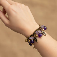 Handmade Natural Amethyst Gemstone Bracelet featuring Leaf and Bell Accents Jewelry - Bracelet