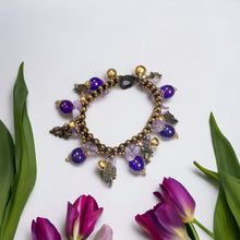 Handmade Bracelet Amethyst Leaves Bells Charms Beaded 8 Inch Jewelry