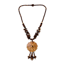 Handmade Natural Wood Floral Carved Pendant with Light Coconut Shell Tassels Ethnic Jewelry - Necklace