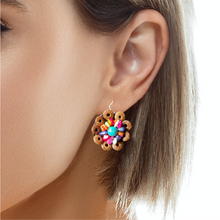 Handmade Earrings Coconut Shell Hand Carved Floral Multi Beads Jewelry