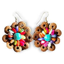 Handmade Earrings Coconut Shell Hand Carved Floral Multi Beads Jewelry