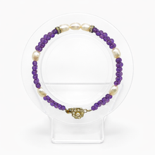 Natural Amethyst 3mm Bead & Pearl 7mm Button Bracelet | 7 Inch Minimalist Gemstone Jewelry Accent Design - Bracelet