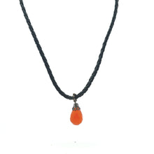 Natural Carnelian 15mm Briolette Drop Shape Gemstone Pendant Handcrafted In Black Twisted Cord Necklace Associated