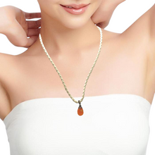 Natural Carnelian Gemstone Pendant 13mm Drop Shape with White Twisted Cord Necklace Unisex Jewelry - Necklace