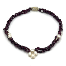 Natural Garnet Balloon & Plain Pearl Three Strand Gemstone Necklace