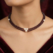 Natural Garnet Tyre & Plain Pearl Duo Strand Gemstone Necklace - Necklace