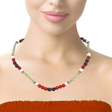 Natural Peridot, Coral, Pearl & Garnet Gemstone Semiprecious Necklace