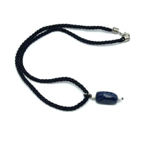 Natural Sodalite Gemstone Pendant Necklace 21mm Bar Shape Smooth Luster with Black Twisted Cord Worn For Powerful