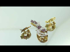 18K Yellow Gold Pendant Earring with Ruby & Diamond Natural Feather Design Jewellery Set