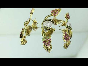 18K Yellow Gold Floral Vine Pendant Earring Natural Round Diamond & Multi Tourmaline Royal Lotus Design Jewellery Set