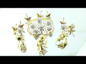18K White & Yellow Dual Gold Pendant Earring with Diamond Natural & Semi Precious Gemstones Domed Chandelier Jewellery Set