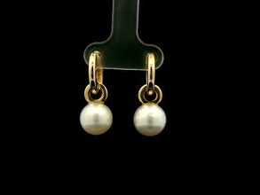 18K Yellow Gold Natural Pearl and Diamond 'C' Drop Hoop Earrings | Timeless Classic Minimalist Jewelry
