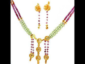 18K Two-Tone Gold Bridal Necklace & Earrings Set | Natural Diamond & Multi Tourmaline Beaded Design Jewelry