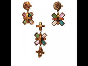 18K White & Yellow Gold | Natural Diamond & Tourmaline Pendant & Earrings Set | Floral Cross Motif Jewelry