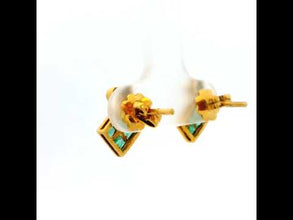 18K Yellow Gold Stud Earrings | Natural Emerald & Diamond | Contemporary Geometric Square Cluster Jewelry