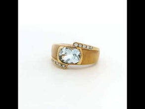 14K Yellow Gold Art Deco Ring | Natural Aquamarine & Diamond Flush-Set Band | Bold Contemporary Statement Design