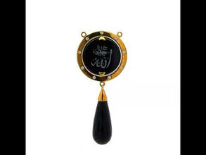9K Yellow Gold Natural Diamond & Green Onyx Two-Sided Drop Pendant | Allah Islamic Religious Statement Jewelry
