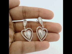 18K White Gold Dangle Earrings | Double Heart Natural Diamond | Romantic Statement Jewelry