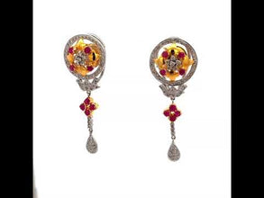 18K White & Yellow Gold | Natural Diamond & Ruby Necklace and Earrings Set | Floral Cluster Pavé Jewelry