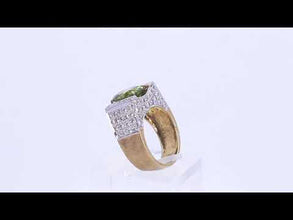 18K Two-Tone Gold Art Deco Statement Ring | Natural Oval Peridot & Diamond Accents | Geometric Cocktail Band