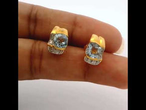 14K Yellow Gold Stud Earrings |  Natural Aquamarine & Diamond | Modern Bezel-Set Fine Jewelry