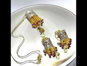 18K Yellow Gold Natural Diamond & Mix Gemstone Tassel Necklace & Earrings Set | Chandelier Jewelry
