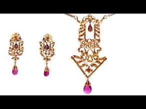 18K Two-Tone Gold Necklace & Earrings Set | Natural Diamonds & Rubellite Drops | Elegant Bridal Designer Jewelry