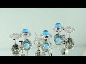 18K White Gold Earring Pendant with Natural Round Diamond & Blue Topaz Cabochon Spearhead Needle Drop Jewellery Set