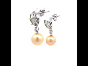 18K White Gold Natural Diamond Halo Drop Earrings with Peridot & Golden Pearl | Elegant Birthstone Jewelry