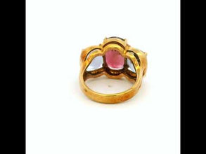 18K Yellow Gold Three-Stone Ring | Natural Pink Tourmaline Center & Royal Blue Iolite | Contemporary Design
