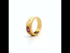 14K Yellow Gold Gypsy Ring | Natural Ruby & Diamond Accent | Flush-Set Vintage Band | Classic Statement Design