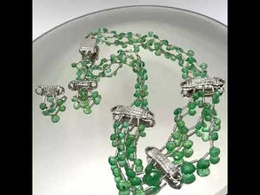 9K Yellow Gold Natural Emerald & Diamond Beaded Necklace & Earrings Set | Cylindrical Diamond Bars