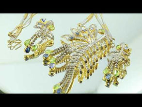 18K Yellow Gold Necklace Earring Chain with Diamond Peridot Tanzanite Natural Gemstones Peacock Jewellery Set