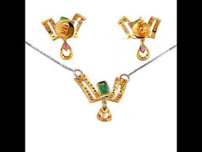 18K Two Tone Gold Pendant Chain Earring Set with Natural Diamond & Green Tourmaline Birthstone Jewelry