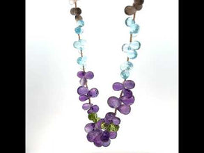 Natural Multi Gemstone Necklace | Drop Briolette Cut Blue Topaz Amethyst Peridot Smoky Quartz Rose Quartz Beads | 14.3 Inch Handcrafted Jewelry