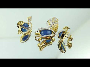 18K Yellow Gold | Natural Diamond & Lapis Lazuli Pendant & Earrings Set | Blue Cabochon Statement Jewelry