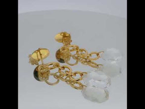 18K Yellow Gold Drop Earrings | Natural Diamond & White Quartz | Chain Link, Decorative Knot Motif Charm Jewelry