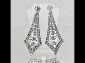 18K White Gold Natural Diamond Art Deco Drop Earrings | Vintage Geometric Statement Jewelry